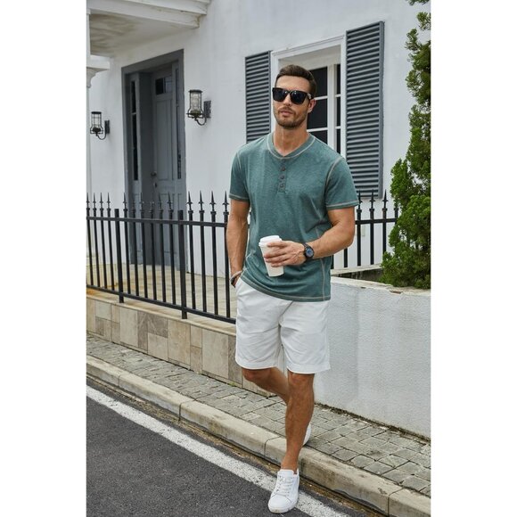 Mens Black Short Sleeve Henley Shirt Casual Button Tee Cotton Summer Top - Picture 4 of 7